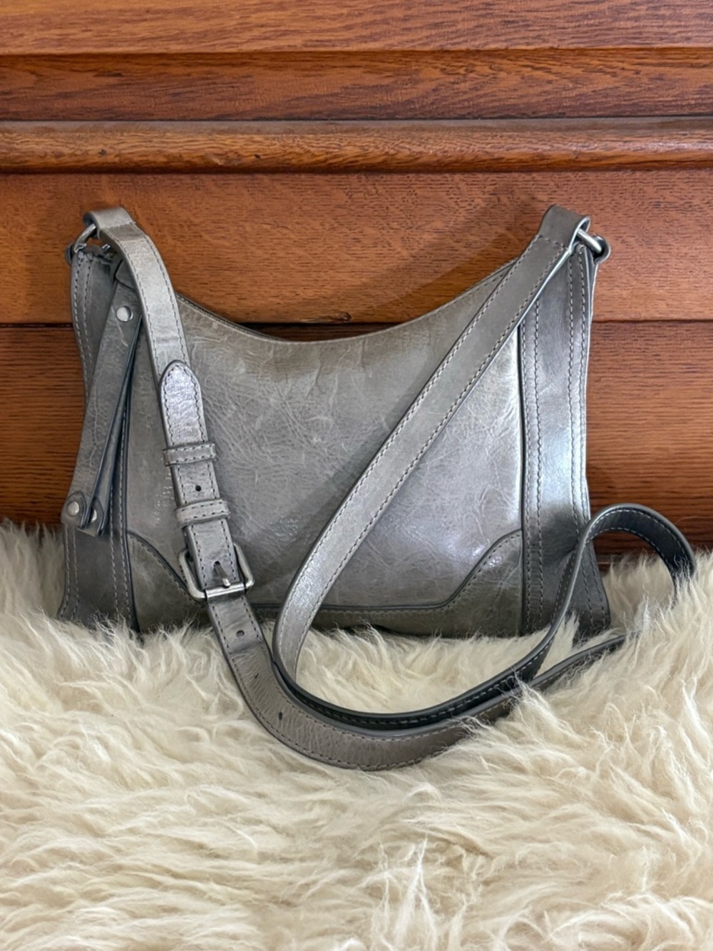 Frye Melissa Gray Leather Zipped Crossbody Satchel Bag